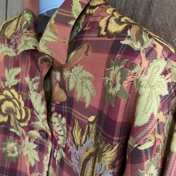 JAEGER Vintage Grate Britain 💯 Wool Brown Checked Floral Shirt Blouse Button Up - Picture 5 of 14